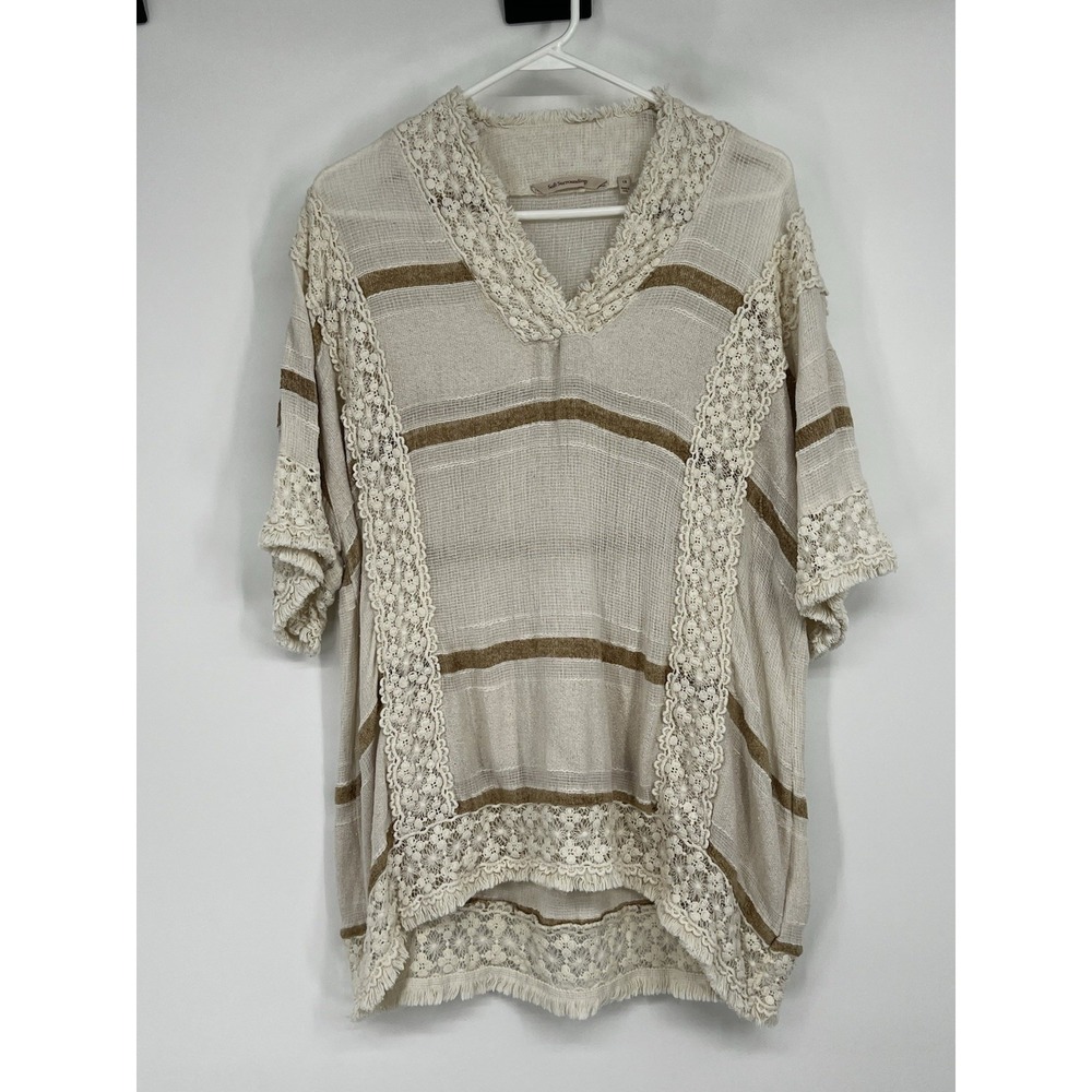 Soft Surroundings Saturday Stroll Tunic Top Size 1X Cream Tan Crochet Trim Boho
